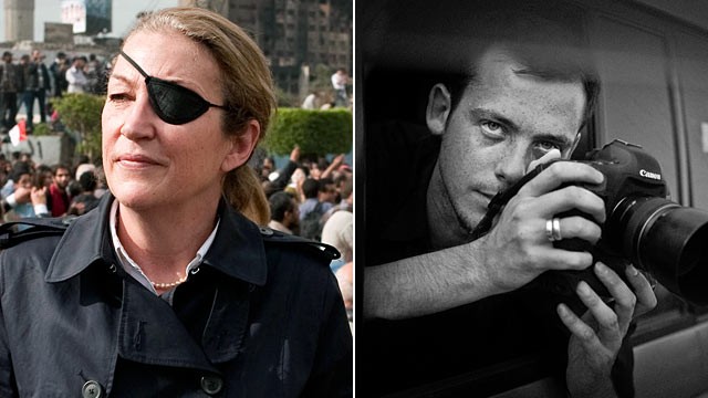 PHOTO: Sunday Times journalist Marie Colvin photographed in Tahrir square in Cairo, left, French photographer Remi Ochlik covering demonstrations in Cairo.