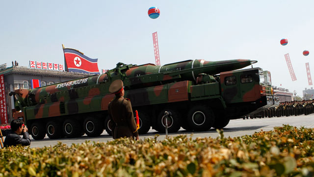 PHOTO: A North Korean vehicle carrying what appears to be a new missile passes by during a mass military parade in Pyongyangs Kim Il Sung Square to celebrate the centenary of the birth of the late North Korean founder Kim Il Sung, April 15, 2013.