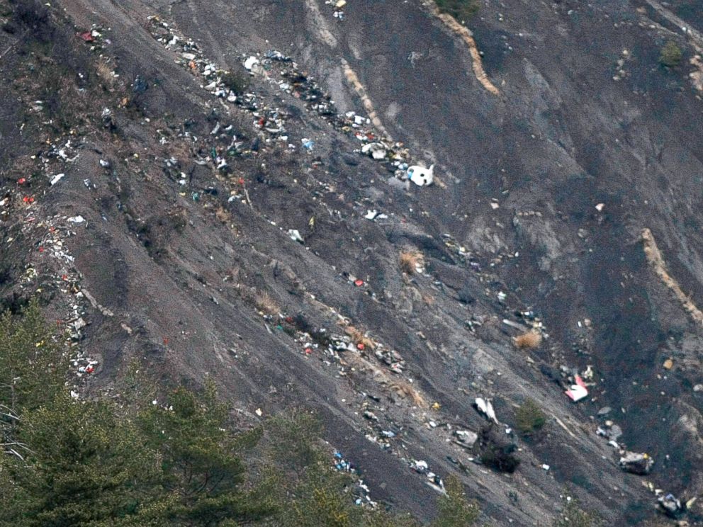PHOTO: Debris of the Germanwings passenger jet is scattered on the mountain side near Seyne les Alpes, French Alps, March 24, 2015.