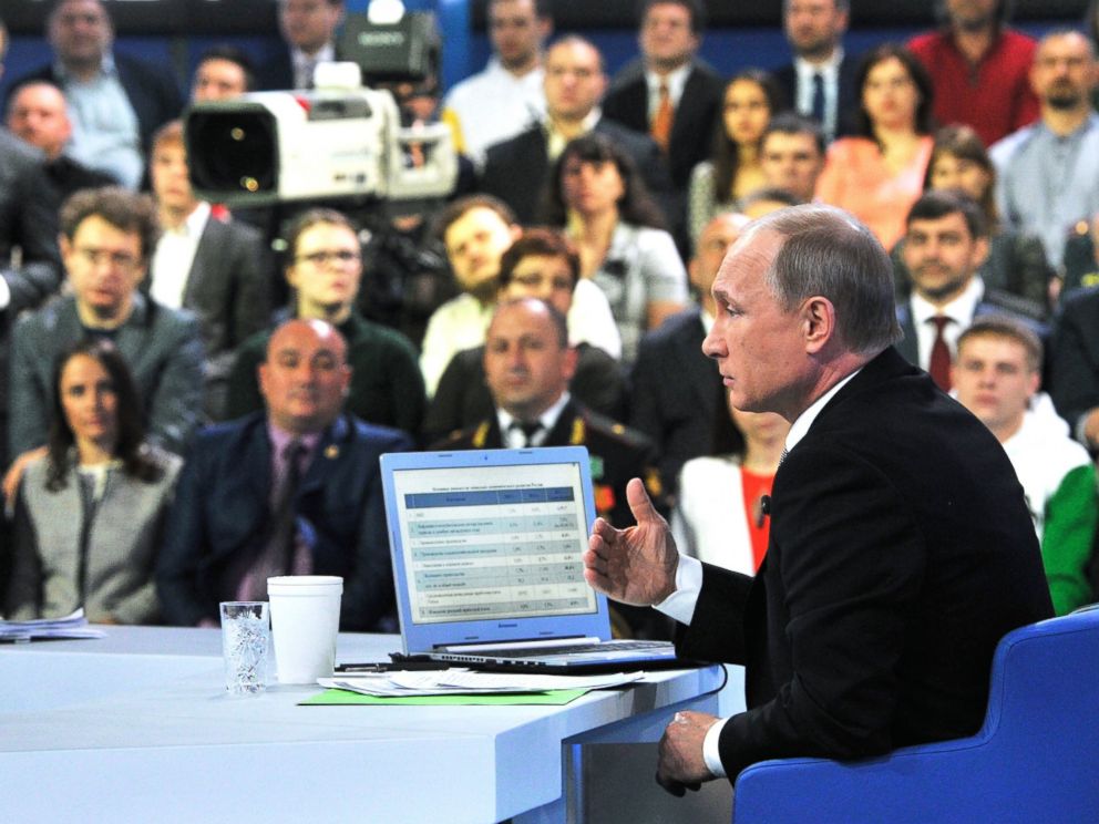 PHOTO: Russian President Vladimir Putin speaks during an annual call-in show on Russian television Conversation With Vladimir Putin in Moscow, Russia, April 16, 2015.