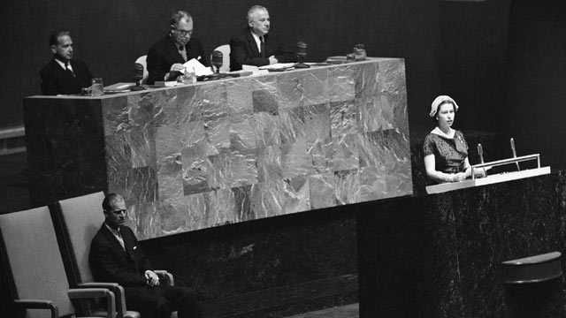 PHOTO: Queen Elizabeth II addresses the General Assembly, as her husband Prince Philip, sits at left, in this Oct. 21, 1957 file photo.
