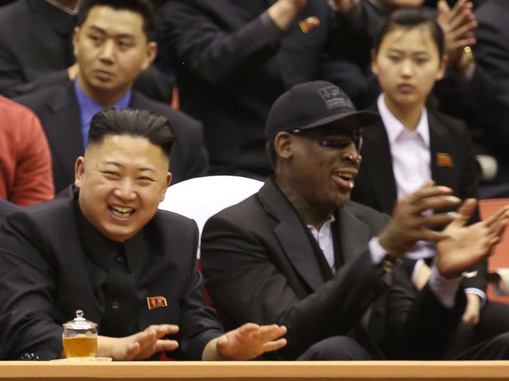 PHOTO: North Korean leader Kim Jong Un, left, and former NBA star Dennis Rodman watch North Korean and U.S. players in an exhibition basketball game at an arena in Pyongyang, North Korea, Feb. 28, 2013.
