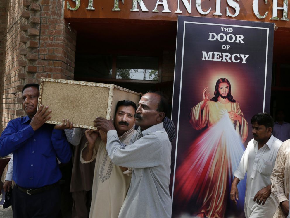 PHOTO: People carry the coffin of Sahil Pervez who was killed in a bomb attack in Lahore, Pakistan, March 28, 2016.