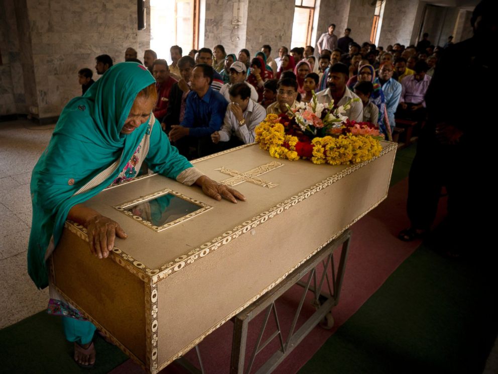 PHOTO: The grandmother of a Pakistani Christian boy named Sahil Pervez, mourns his death, at a church in Lahore, Pakistan, March 28, 2016.