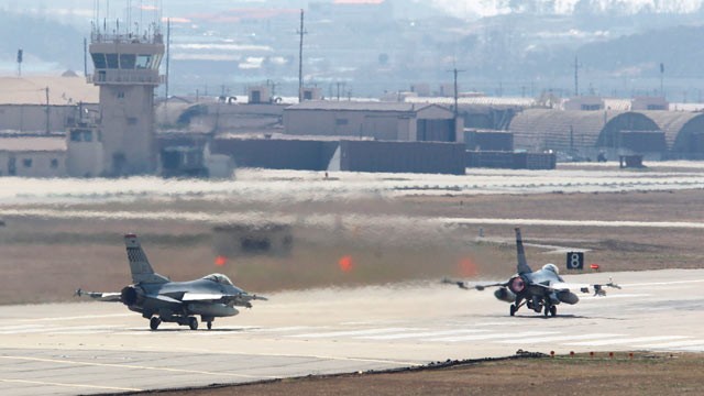 PHOTO: In this April 10, 2013 photo, U.S. Air Force F-16 fighter jets prepare to take off from a runway during their military exercise at the Osan U.S. Air Base in Osan, South Korea.
