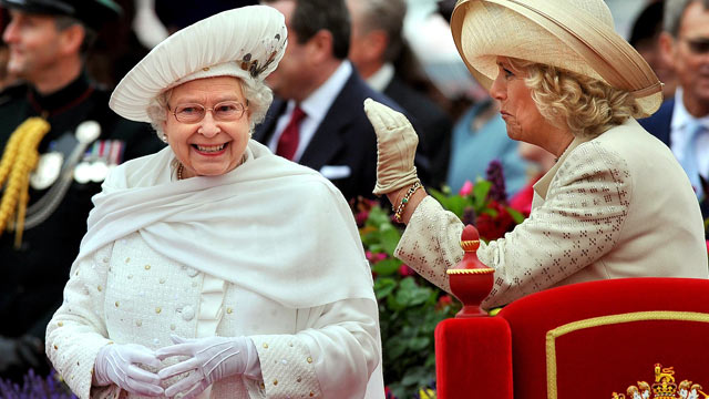 PHOTO: Britains Queen Elizabeth II, left, and Camilla, Duchess of Cornwall, speak while on the royal barge during the Diamond Jubilee Pageant on the River Thames in London, June 3, 2012.