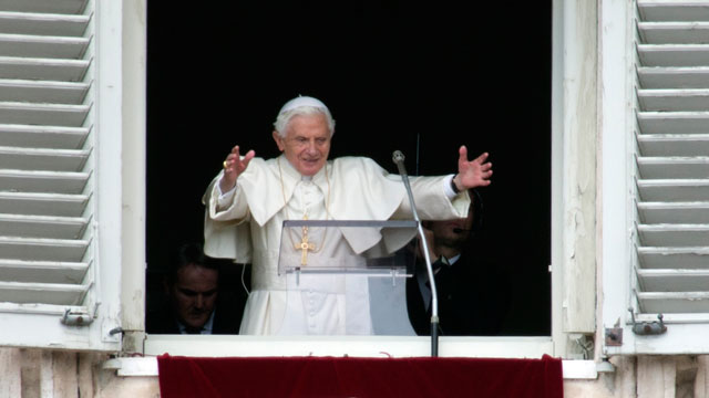 PHOTO: Pope Benedict XVI delivers his blessing during his last Angelus noon prayer, from the window of his studio overlooking St. Peters Square, at the Vatican, Sunday, Feb. 24, 2013.