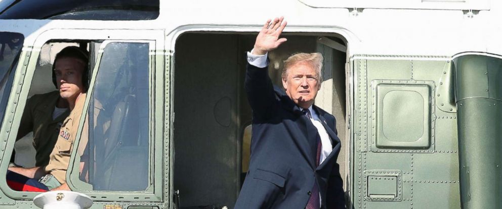 PHOTO: President Donald Trump boards a helicopter at U.S. Yokota Air Base in the suburbs of Tokyo, Nov. 5, 2017, to meet Prime Minister Shinzo Abe and Japanese golfer Hideki Matsuyama for a round of golf. 