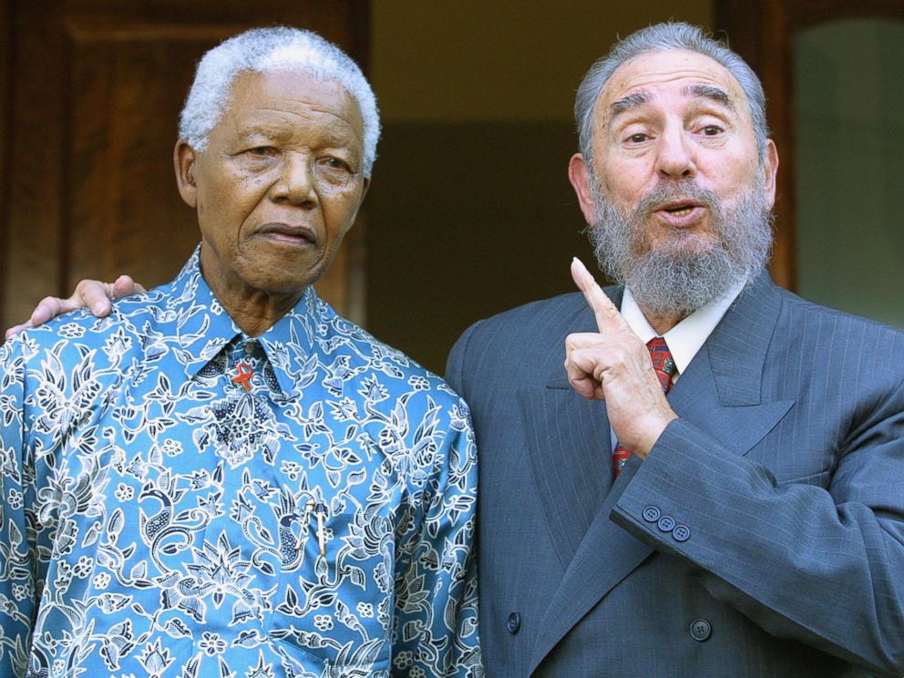 PHOTO: Cuban president Fidel Castro meets with former South African president Nelson Mandela at Mandelas office in Johannesburg, Sept. 2, 2001.