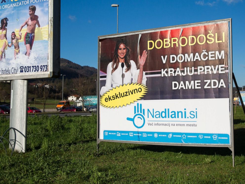 PHOTO: A sign which reads Welcome to the Hometown of the First Lady in Slovenian, is pictured among other billboards on Nov. 29, 2016 in Sevnica, Slovenia.