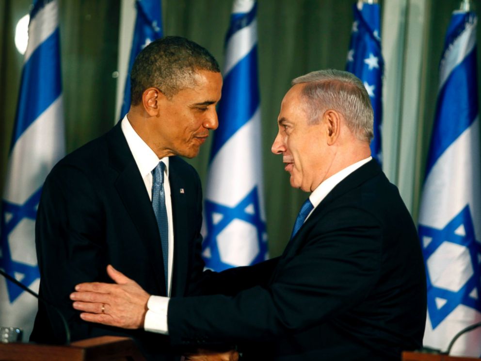 PHOTO: U.S. President Barack Obama (L) greets Israeli Prime Minister Benjamin Netanyahu during a press conference, March 20, 2013, in Jerusalem.