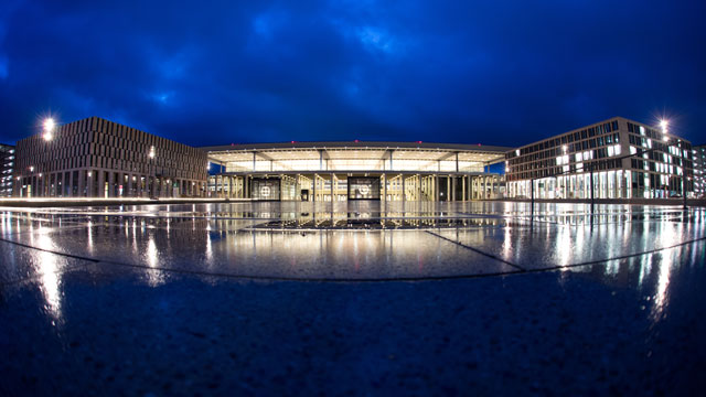 PHOTO: The terminal building of the new "Willy Brandt" Berlin Brandenburg International (BER) airport is pictured at dawn, Jan. 10, 2013.