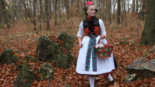 PHOTO: Dorothee Weppler as Little Red Riding Hood wears the local Schwalm region folk dress with its red cap as she walks through a forest on the estate of Baron von Schwaerzel on November 20, 2012 in Willingshausen, Germany.