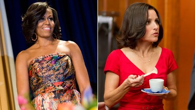 PHOTO: First lady Michelle Obama arrives to the 2012 White House Correspondents' Association Dinner held at the Washington Hilton on April 28, 2012 in Washington, DC. and (R) Julia Louis-Dreyfus plays Selina Meyers, in the new HBO Series VEEP.
