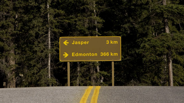 PHOTO: A sign for Highway 16 points to Edmonton and Jasper in the Alberta province of Canada.