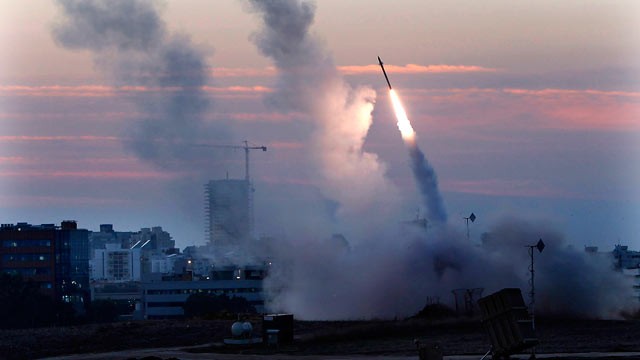 PHOTO: The Iron Dome defense system fires to interecpt incoming missiles from Gaza in the port town of Ashdod, Nov. 15, 2012.