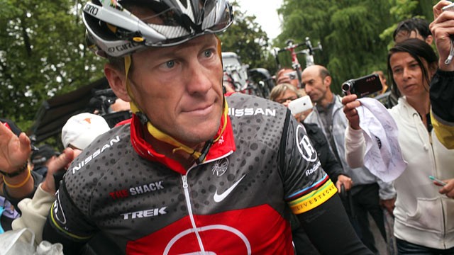 PHOTO: Lance Armstrong with team RadioShack heads to the start of stage 17 of the Tour de France, July 22, 2010 in Pau, France.