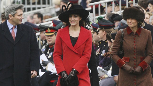 PHOTO: Kate Middleton, center, with her parents Carole and Michael attend the Sovereigns Parade at Sandhurst Military Academy, Dec. 15, 2006 in Surrey, England.