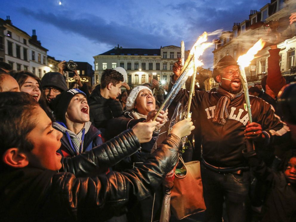 PHOTO: Crowds gather in front og the city hall in Molenbeek on Nov. 18, 2015, to commemorate the victims of the terrorist attack in Paris.