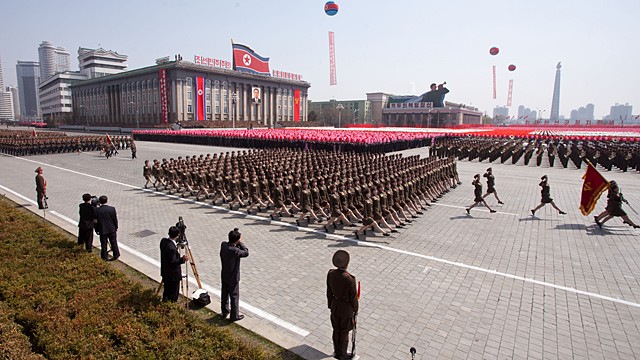 PHOTO: North Korean soldiers march during a military parade in honor of the 100th birthday of the late North Korean leader Kim Il-Sung in Pyongyang in this April 15, 2012 file photo.
