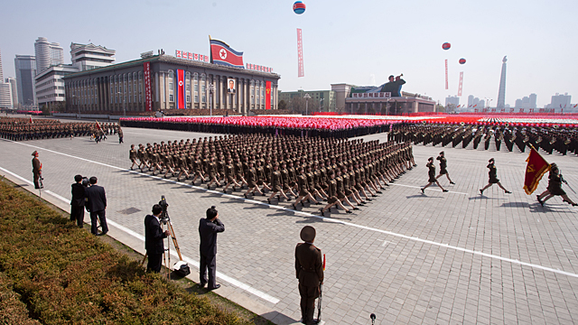 PHOTO: North Korean soldiers march during a military parade in honor of the 100th birthday of the late North Korean leader Kim Il-Sung in Pyongyang in this April 15, 2012 file photo.