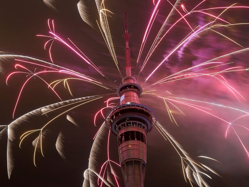 PHOTO: Firework display from the top of the Sky Tower to welcome the New Year on Jan. 1, 2015 in Auckland, New Zealand.