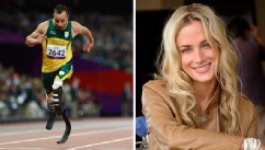 PHOTO: Oscar Pistorius, left, crosses the finish line to win the men's 200m T44 round 1 athletics event during the London 2012 Paralympic Games at the Olympic Stadium in London, Sept. 1, 2012. Reeva Steenkamp, right, in Johannesburg, South Africa.