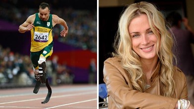PHOTO: Oscar Pistorius, left, crosses the finish line to win the men's 200m T44 round 1 athletics event during the London 2012 Paralympic Games at the Olympic Stadium in London, Sept. 1, 2012. Reeva Steenkamp, right, in Johannesburg, South Africa.