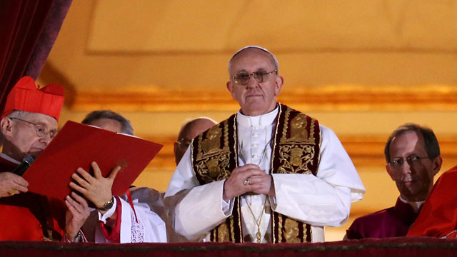 PHOTO: Newly elected Pope Francis I appears on the central balcony of St Peters Basilica on March 13, 2013 in Vatican City, Vatican.