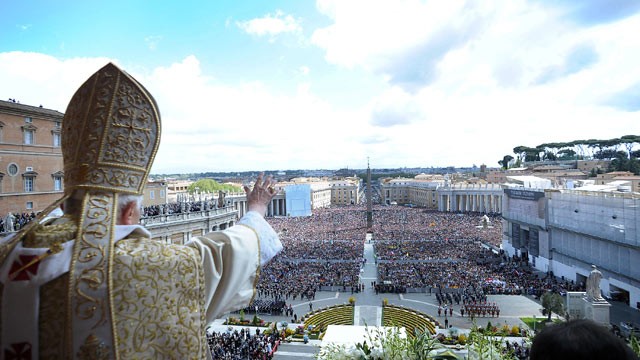 PHOTO: Pope Benedict XVI delivers his Urbi et Orbi message and blessing from the central balcony of St. Peters Basilica at the end of the Easter Mass, April, 2012, in Vatican City, Vatican.