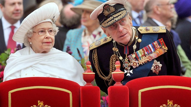 PHOTO: Queen Elizabeth and Prince Philip, Duke of Edinburgh, are seen standing on board the Spirit of Chartwell during the Thames Diamond Jubilee Pageant on the River Thames in London, June 3, 2012.