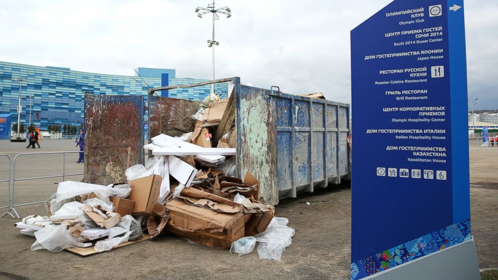 PHOTO: Garbage bins overflow with litter at the site of the Sochi 2014 Winter Olympics at the Olympic Park, Feb. 5, 2014 in Sochi, Russia.