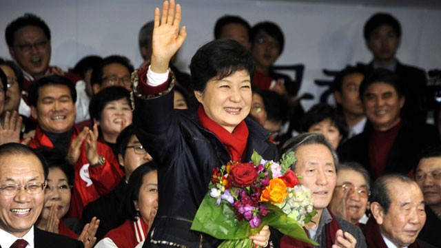 PHOTO: South Korean President-elect Park Geun-Hye, of the Ruling Saenuri Party celebrates with her party members after she is declared the winner of the presidential elections, Dec.19, 2012 in Seoul, South Korea.