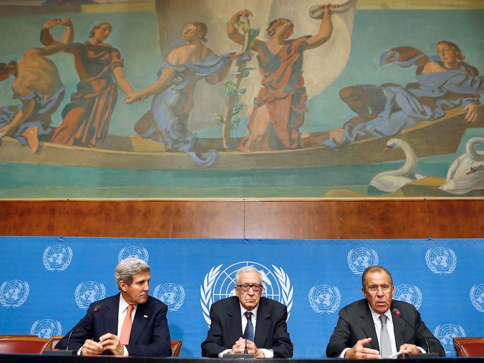 PHOTO: Russian Foreign minister Sergey Lavrov speaks on Sept. 13, 2013 during a press conference with United Nations-Arab League special envoy for Syria Lakhdar Brahimi (C) and US Secretary of State John Kerry at the UN headquarters in Geneva.