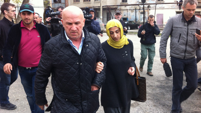 PHOTO: A tearful Zubeidat Tsarnaeva, the mother of the Boston bomb suspects, leaves her house near Makhachkala in Dagestan, April 22, 2013.