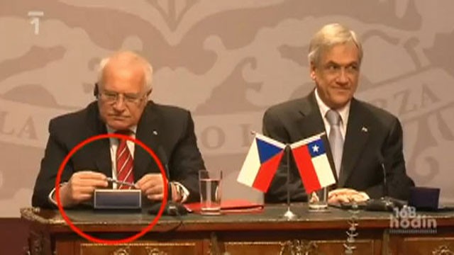 PHOTO: A video, which was uploaded April 11, 2011, currently has more than 83,000 views and shows Klaus stealing an official pen last week during a visit to Chile.
