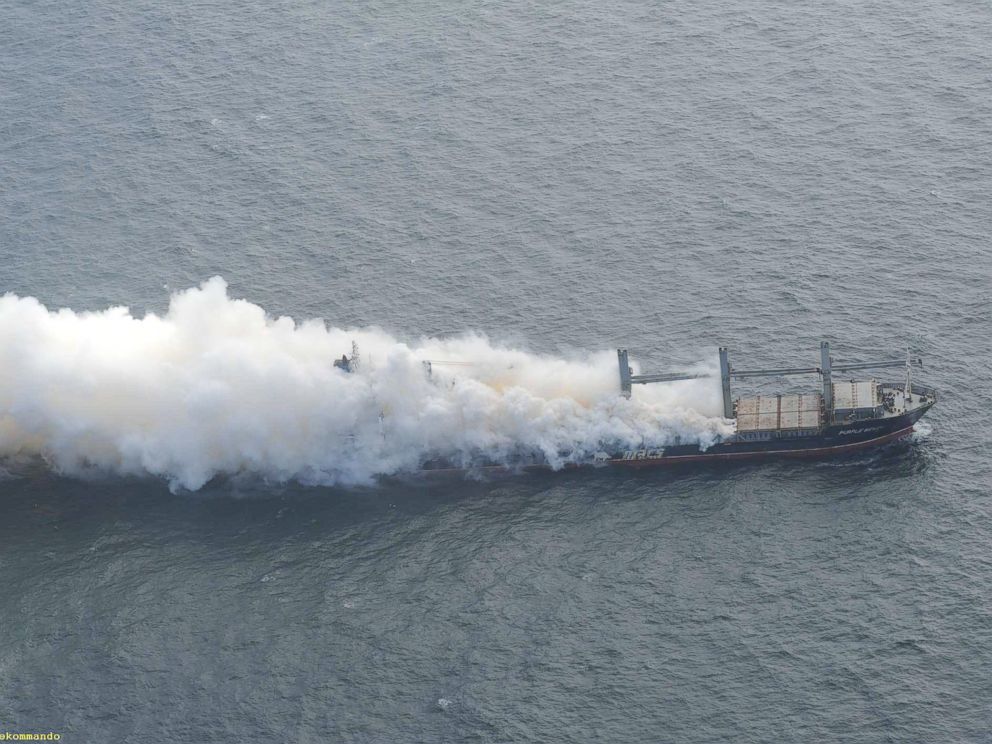 PHOTO: Task Force Rescue Vessels put out the fire on The Purple Beach freighter. 
