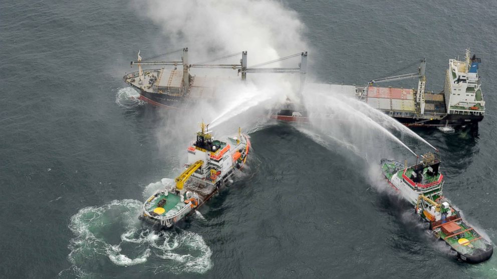 PHOTO: Task Force Rescue Vessels put out the fire on The Purple Beach freighter. 