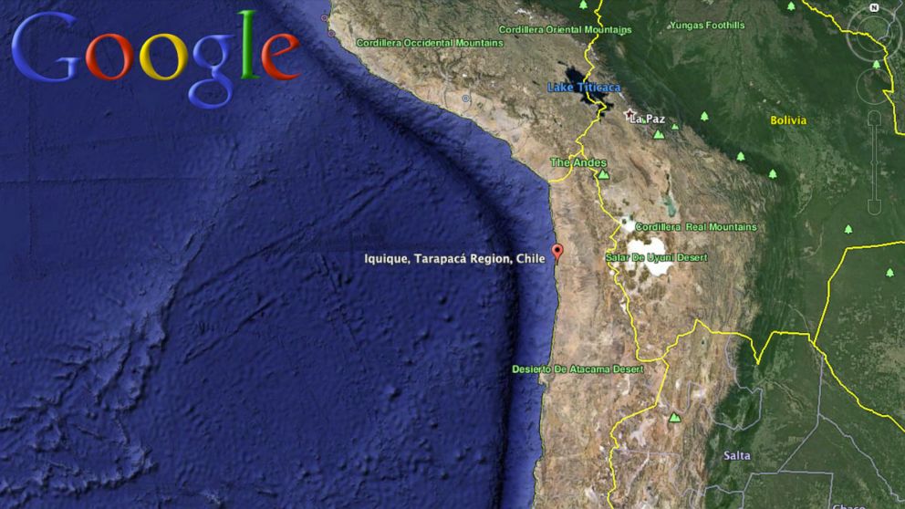 PHOTO: A map of the Pacific coast of Chile, where an earthquake was reported on April 1, 2014. 