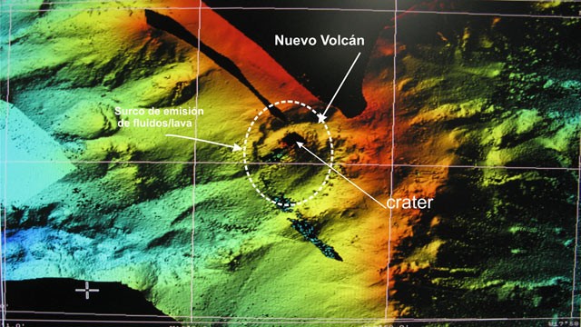 PHOTO: Spanish scientists have mapped the seabed; this digital terrain model shows the emerging underwater volcano.