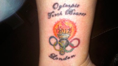PHOTO: Jerri Peterson, an Olympic Torchbearer, got a tattoo commemorating the event and the tattoo artist misspelled Olympics as "Oylimpic" and tweeted this image on April 13, 2012.
