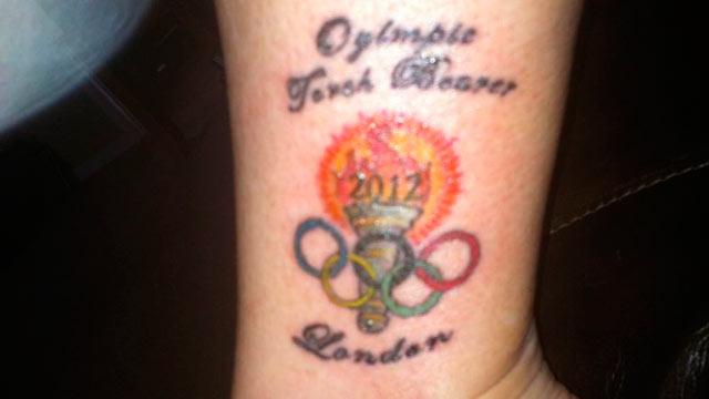 PHOTO: Jerri Peterson, an Olympic Torchbearer, got a tattoo commemorating the event and the tattoo artist misspelled Olympics as "Oylimpic" and tweeted this image on April 13, 2012.