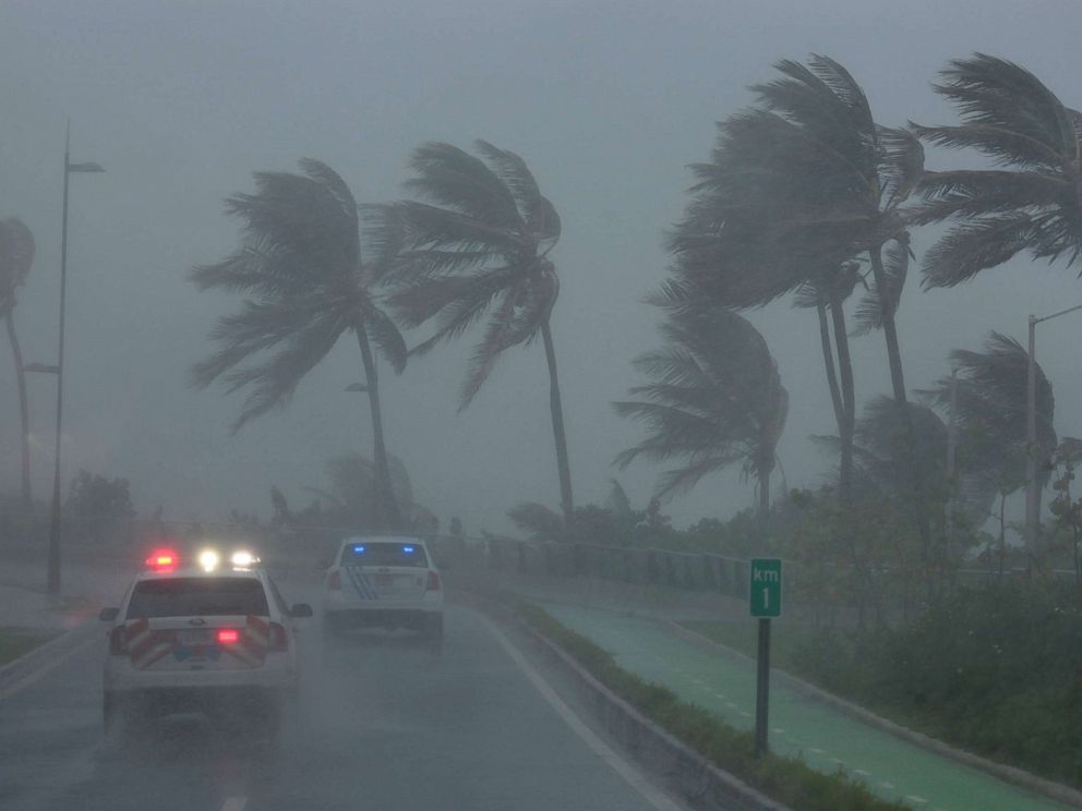 PHOTO: Police patrol the area as Hurricane Irma slams across islands in the northern Caribbean on Wednesday, in San Juan, Puerto Rico Sept. 6, 2017.