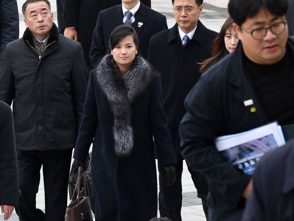 PHOTO: Hyon Song-Wol, center, leader of North Koreas popular Moranbong band, arrives at the Korea National Theater to inspect venues for planned musical concerts during the Winter Olympics in Seoul, Jan. 22, 2018.