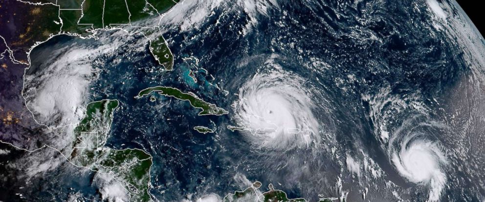 PHOTO: This satellite image obtained from the National Oceanic and Atmospheric Administration (NOAA) shows (L-R) Category 1, Hurricane Katia; Category 5, Hurricane Irma and, Category 1, Hurricane Jose, Sept. 7, 2017.