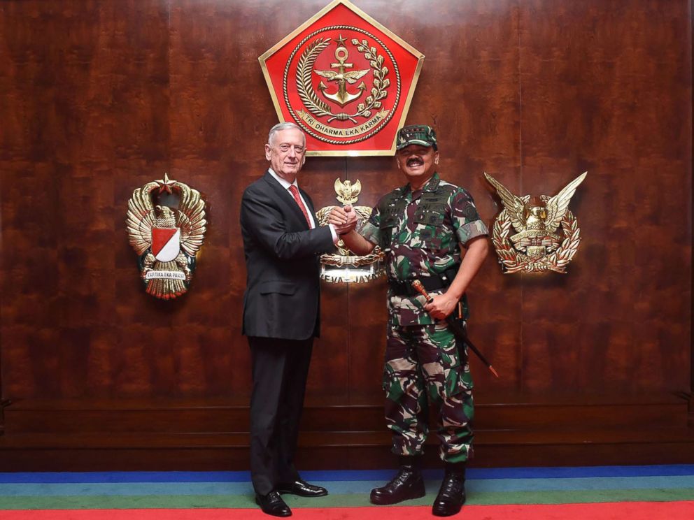 PHOTO: This handout picture from the Indonesian Military (Tentara Nasional Indonesia ) taken in Jakarta, Jan. 24, 2018, shows Indonesian Military Chief Hadi Tjahjanto (R) posing with U.S. Secretary of Defense Jim Mattis.