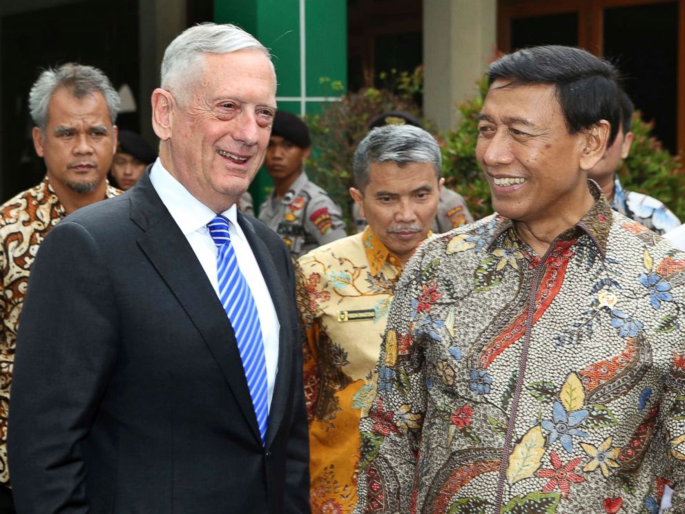 PHOTO: U.S. Defense Secretary Jim Mattis, left, smiles with Indonesian Coordinating Minister for Politics, Security and Law Wiranto after a meeting in Jakarta, Indonesia, Jan. 23, 2018.