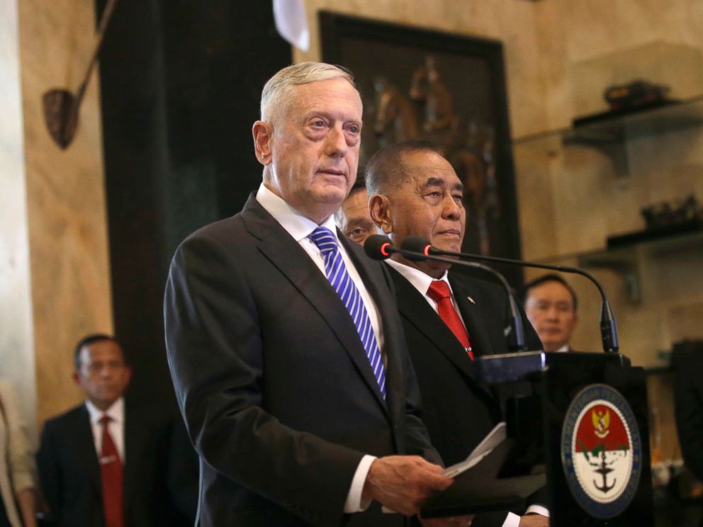 PHOTO: U.S. Defense Secretary Jim Mattis speaks as his Indonesian counterpart Ryamizard Ryacudu, right, listens during a joint press conference following their meeting in Jakarta, Indonesia, Jan. 23, 2018.