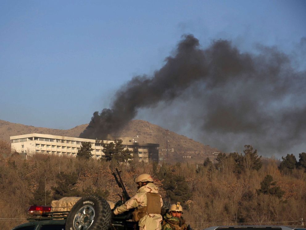 PHOTO: Black smoke rises from the Intercontinental Hotel after an attack in Kabul, Afghanistan, Jan. 21, 2018.