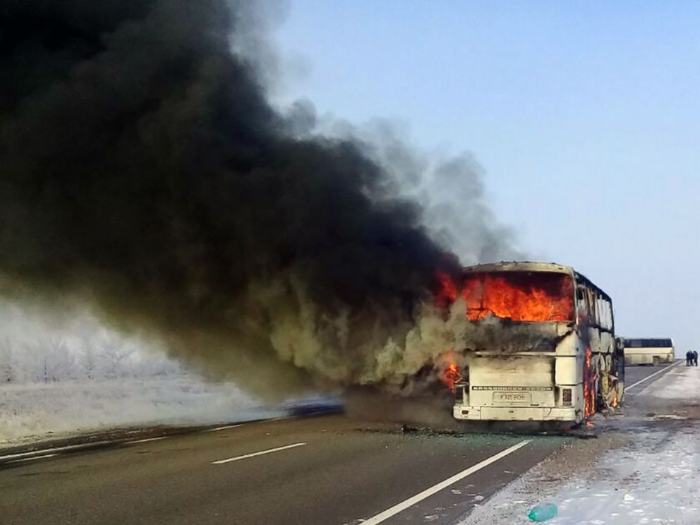 PHOTO: A burning bus on a road near Kalybai, Kazakhstan, Jan. 18, 2018.